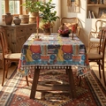 Bohemian style rectangular tablecloth with vibrant geometric patterns and beige tassels - 140*100cm / Painted Geometric Floral with Tassels