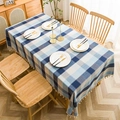 Waterproof blue and white checkered tablecloth with white tassels in Nordic style - 140x180cm / Dark Blue