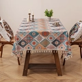 Bohemian patterned tablecloth with tassels in orange and blue, ethnic chic table decor - 140*100cm / Colored Plaid Floral with Tassels