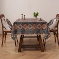 Bohemian geometric floral tablecloth in navy and orange with white fringe tassels - Navy Rhombus Floral with Tassels