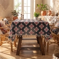 Bohemian style dark green tablecloth with floral patterns and white cotton tassels - Dark Green Geometric Floral with Tassels