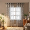 Light gray embroidered semi-sheer curtain with grommet top in a Nordic style setting - 100*220cm / White & Grey - Totem
