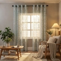 Light blue-green damask floral lace sheer curtain with black metal grommet top - 100*220cm / White & Blue - Scroll