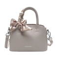 Litchi pattern leather bucket bag in beige with silk scarf wrapped top handle - Gray