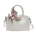 White lychee leather bucket bag with geometric silk scarf and detachable strap - White