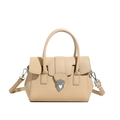 Chic beige lychee textured Boston bag with silver shield buckle and shoulder strap - Apricot