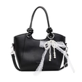 Damen Henkeltasche aus schwarzem Leder mit Spitzen-Schleifen und Perlenanhängern - Schwarz