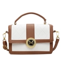 Elegant white quilted leather tote bag with brown handles and golden M buckle logo - Brown and White
