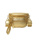 Metallic gold large capacity chest bag with triple zippers and lock-shaped chain accents - Gold