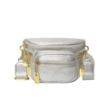 Metallic silver chest bag with gold-tone hardware and adjustable fabric strap - Silver