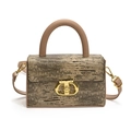 Brown lizard pattern leather box bag with large gold interlocking ring metal buckle - Khaki