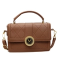 Brown quilted crossbody bag with golden M buckle and top handle in caramel finish - Brown
