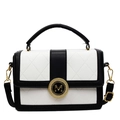 Elegant black and white contrast leather handbag with gold M buckle and diamond decor - Black and White