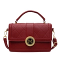 Elegant red quilted faux leather handbag with gold M-buckle and adjustable strap - Red