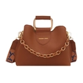 Brown faux leather crossbody bag with metal handle and wide patterned shoulder strap - Brown