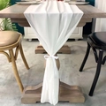 Elegant white chiffon table runner with ribbon bow tie for wedding reception decor - White