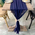 Navy blue chiffon table runner with white ribbon for wedding and party table decoration - Blue