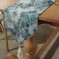 Camino de mesa jacquard floral con borlas estilo pintura al óleo sobre una mesa de madera - 33*160cm / Azul