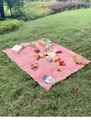Outdoor red and white checkered picnic mat spread on green grass with picnic basket and flowers - 100*150cm / Red