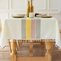 Nordic minimalist striped cotton linen tablecloth with tassel edges in a bright dining room - 140*90 / Pink Yellow