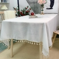 Minimalist white rectangular linen tablecloth with elegant fringe tassels on wooden table - 100*140cm / White