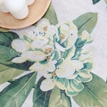 Nappe en coton lin avec motif floral de feuilles vertes et fleurs blanches - 100cm*100cm / Fond Blanc Orchidée Bleue