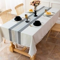 Rectangular white cotton linen tablecloth with gray stripes and decorative ball fringe - 140*90 / Gray Blue
