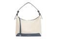 Chic beige woven underarm bag with blue leather trim and a heart metal pendant charm - White and Blue