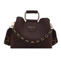 Dark brown matte leather bucket bag with metal handle and bold decorative chain - Brown
