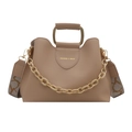 Fashionable beige crossbody handbag with metal handle and wide geometric strap for women - Khaki