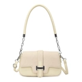 Elegante borsa a tracolla beige vintage con inserti in tela e fibbia in argento - Bianco