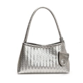 Silver woven shoulder bag with metallic leather finish and small charm detail - Silver