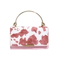 Pink and white cow print handbag with large round gold metal handle and horsehair texture - Pink