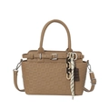 Bolso tote vintage marrón a cuadros con asas, bandolera y un colgante decorativo - Caqui