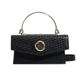 Chic black handbag with woven texture, golden M-logo and metallic round top handle - Black
