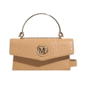 Mini khaki square handbag featuring woven flap, metal M logo, and gold arch handle - Khaki