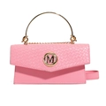 Pink crossbody bag with woven flap texture and circular golden M metal buckle - Pink