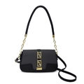 Minimalist black leather and grey textured fabric saddle bag with a golden Greca buckle - Black