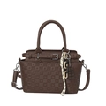 Brown vintage faux leather tote bag with lychee texture and decorative charms - Brown