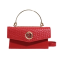 Red structured handbag with woven texture flap, gold ring handle, and metallic M logo - Red