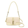 Elegant off-white saddle bag with woven texture and gold key pattern buckle detail - White
