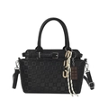 Classic black embossed leather tote bag with pattern and decorative chain charm - Black