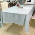 Light blue linen tablecloth with white decorative tassels for rectangular dining tables - 100*140cm / Sky Blue