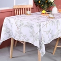Rectangular cotton linen tablecloth with green floral and bird print for home dining - White Forest Bird