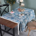 Blue and white floral table runner with tassel fringe on a rustic wooden dining table - 140*260cm / Blue Floral with Side Fringe