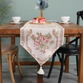Classical embroidered table runner with floral patterns and white cotton tassels - 35*150 / Pink