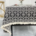 Bohemian black and white geometric pattern tablecloth with decorative cotton tassels - 140*100 / Arrow