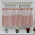Pink plaid cafe curtain with white lace and pompom trim on a small kitchen window - 60x150 / Pink