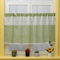 Nordic green plaid cafe curtain with white floral lace and pom-pom trim in rod pocket style - 60x150 / Green