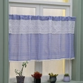 Blue and white plaid cafe curtain with white lace trim and small tassel pom-poms - 60x150 / Blue